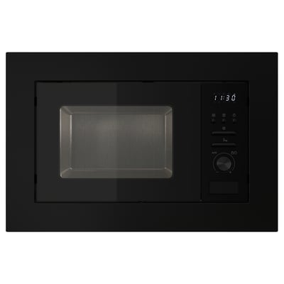 A black built-in microwave oven. It has a digital display, control knobs, and a square-shaped glass door.