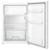 Open white mini fridge with glass shelves and clear drawers.