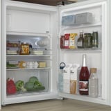 Fridge with adjustable glass shelves and led light. Shows door shelves with jars, bottles, and a drawer with fruits and veggies.