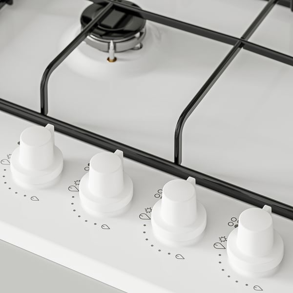 Gas stove with four knobs, clean white and black design, precise control valves.