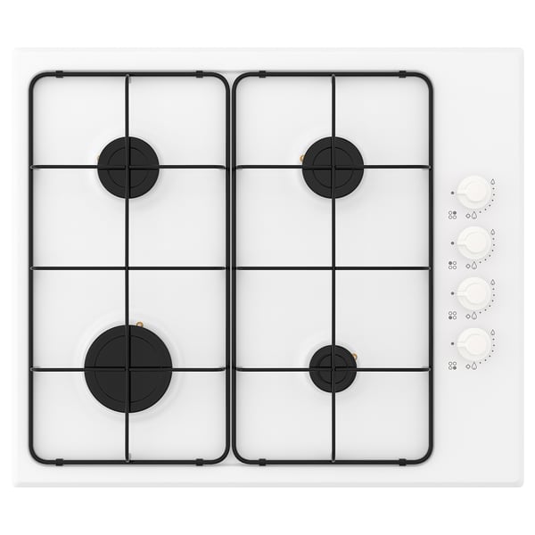 A white gas stove with four burners and black knobs, designed for cooking with electronic ignition.