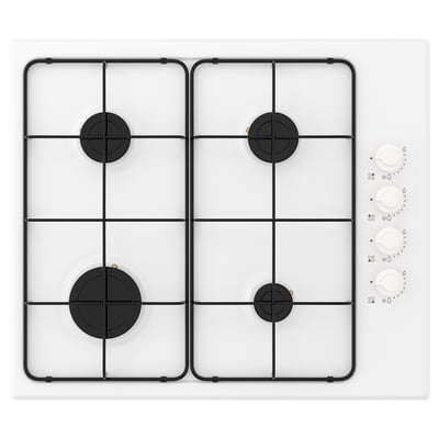 A white gas stove with four burners and black knobs, designed for cooking with electronic ignition.