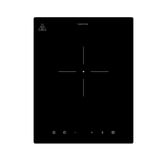 Black induction hob with glass surface, single heating zone, touch control panel, and safety lock key.