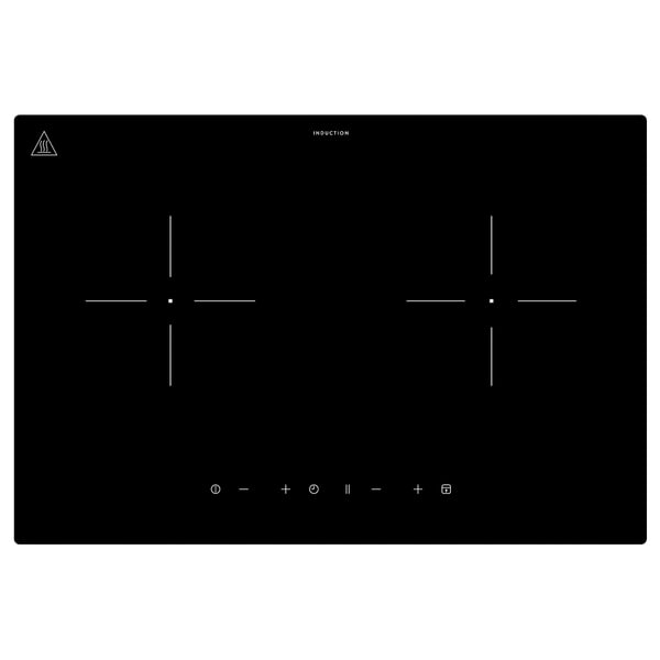 Black induction cooktop with two heating zones and touch controls.