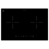 Black induction cooktop with two heating zones and touch controls.