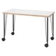 LAGKAPTEN: modern white desk with black metal legs featuring adjustable feet and casters.
