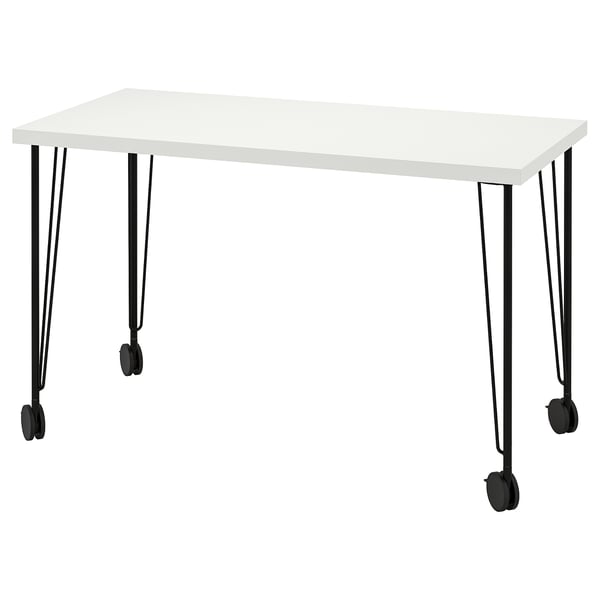 Depicts a white rectangular table with metal legs ending in black castors.