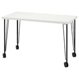 Depicts a white rectangular table with metal legs ending in black castors.