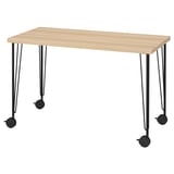 LAGKAPTEN: light wood desk with adjustable black legs and castors, rectangle shape, simple design.
