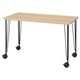 LAGKAPTEN: light wood desk with adjustable black legs and castors, rectangle shape, simple design.