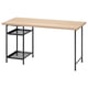 Option: LAGKAPTEN: light wood desk with black metal legs, two black shelves, sleek design.