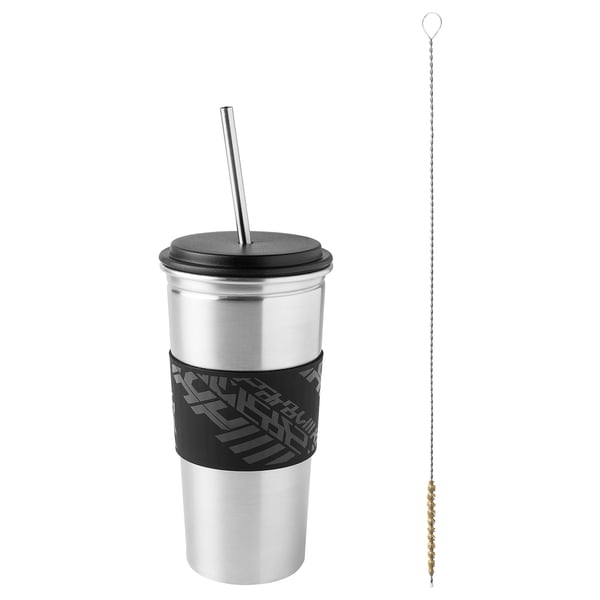 LÅNESPELARE mug with lid and straw, black - IKEA