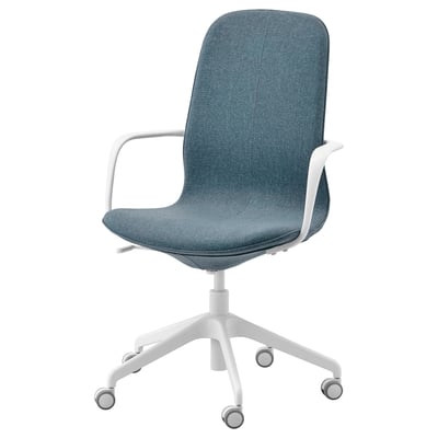 LÅNGFJÄLL office chair, teal fabric, white frame, adjustable height & tilt, armrests, 5 casters.