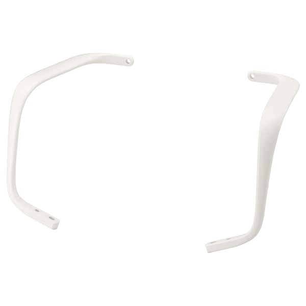 Two white LÅNGFJÄLL chair armrests, made of aluminum, in a curved shape for comfort.