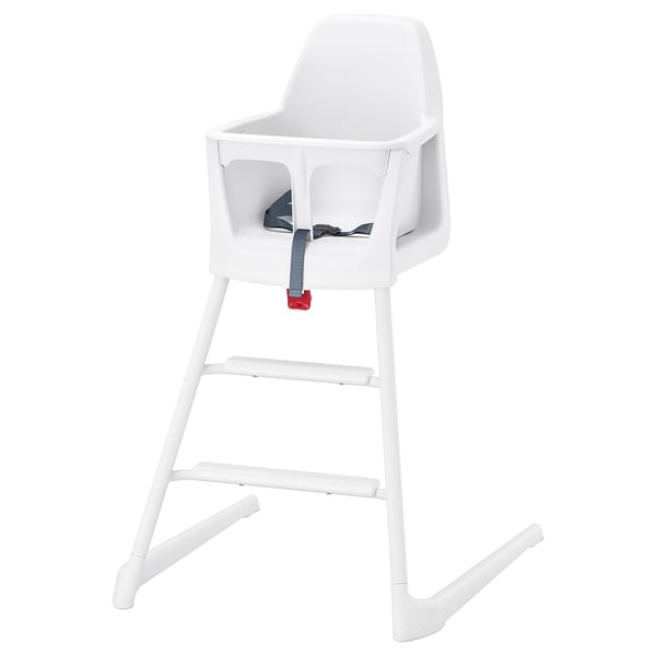 White LANGUR highchair for kids, with plastic seat, metal legs, 5-point harness, minimalist design.