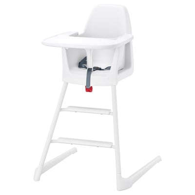 A white LANGUR highchair with a safety belt and adjustable feet.