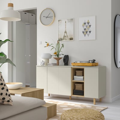Modern living room with LEDAMOT cabinet, records, decor, plant, and mirror.