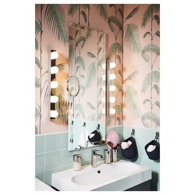 Led vanity lamp with 4 round bulbs, shiny chrome finish, and sleek rectangular design. Perfect for bathrooms.