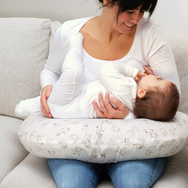 Mother breastfeeding baby with support pillow. Alternative: mom breastfeeding baby with pillow.