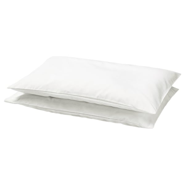 Two white rectangular cotton pillowcases for children, neatly stacked.