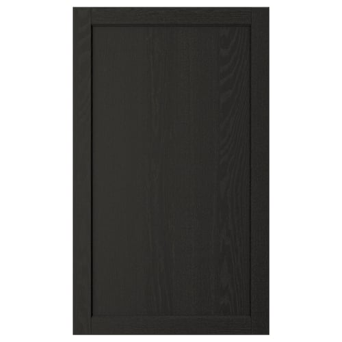 LERHYTTAN black kitchen cabinet door with solid wood frame, bevelled edges, and ash veneer panel.