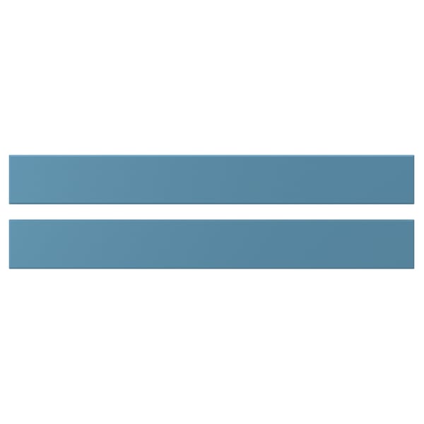 Blue rectangular wooden drawer fronts, rustic design, solid birch, beveled edges.