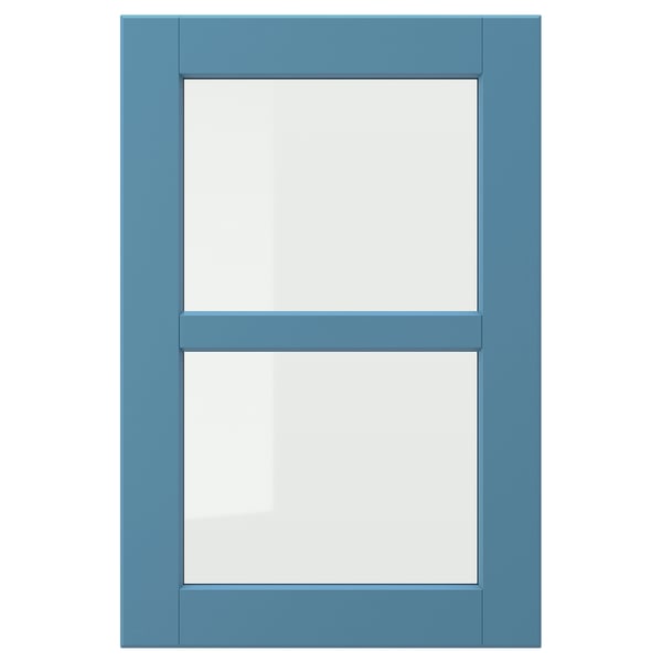 LERHYTTAN blue door with square panels and beveled edges. Solid birch frame, tempered glass panels. Rustic, traditional design.