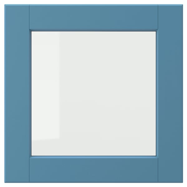 Blue framed square mirror with beveled edges.