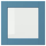 Blue framed square mirror with bevelled edges.