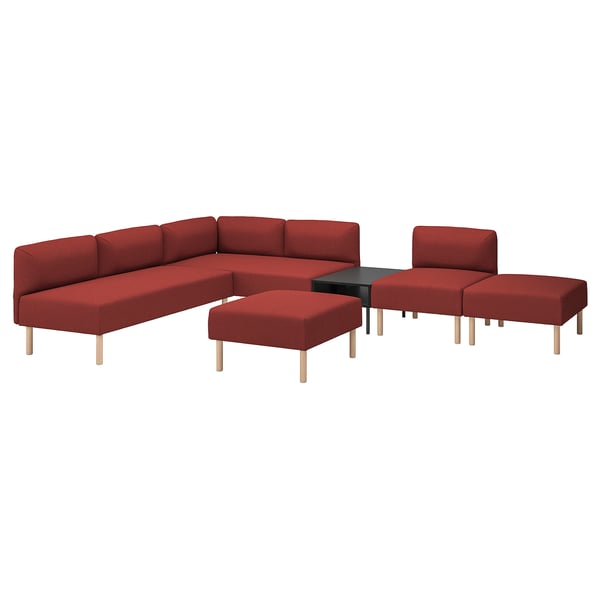 Red modular sofa set with wood legs and dark coffee table. Modern, clean design.