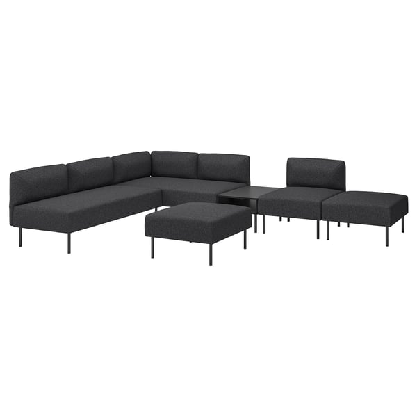 Modern gray fabric LILLEHEM sectional sofa set. Clean, minimal design with metal legs. Includes corner unit, chairs, ottoman, and side table.