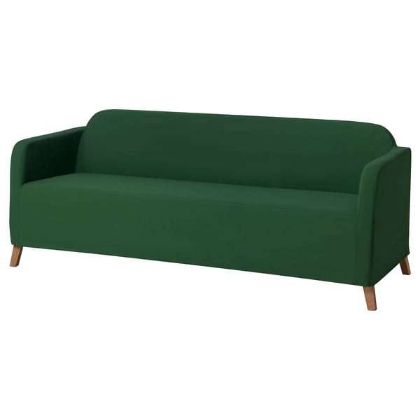 Green fabric sofa with wooden legs, simple design and clean lines.
