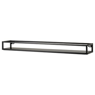 This image shows a black LINDÅSEN wall-mounted display shelf with a metal frame and glass shelf.