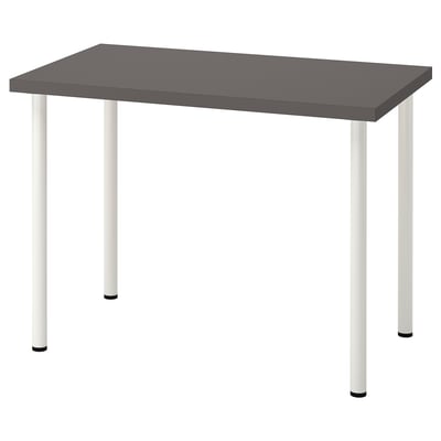 LINNMON: rectangular desk, dark grey top, white legs, modern minimalist design.