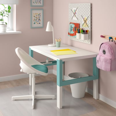 Study corner: LOBERGET desk, chair, art supplies. Desk under wall art. Small, adjustable chair.