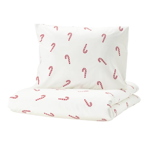 LÖVSÅNGARE duvet set, white with red candy cane print, cotton flannel, rectangular shape, soft & cosy.