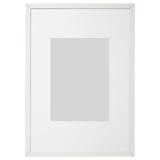 White LOMVIKEN photo frame with thin metal edge, rectangular shape, and front protection.