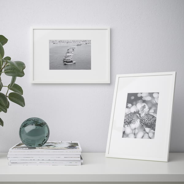 A shelf with leaning picture frame, butterfly, magazines, blue ornament, and potted plant. Above, a ship picture.