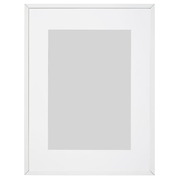 White LOMVIKEN picture frame, thin metal edge, rectangular, plastic front protection.