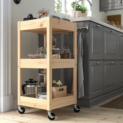 LOSHULT kitchen trolley, 3 shelves, pine, corners, lockable wheels.