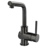 Black LUNDSKÄR faucet, modern design, cylindrical base, long curved spout, metallic finish.