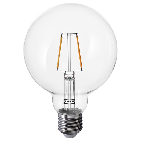 Ikea LUNNOM bulb, clear glass, e26 base, led, warm white light, retro design.