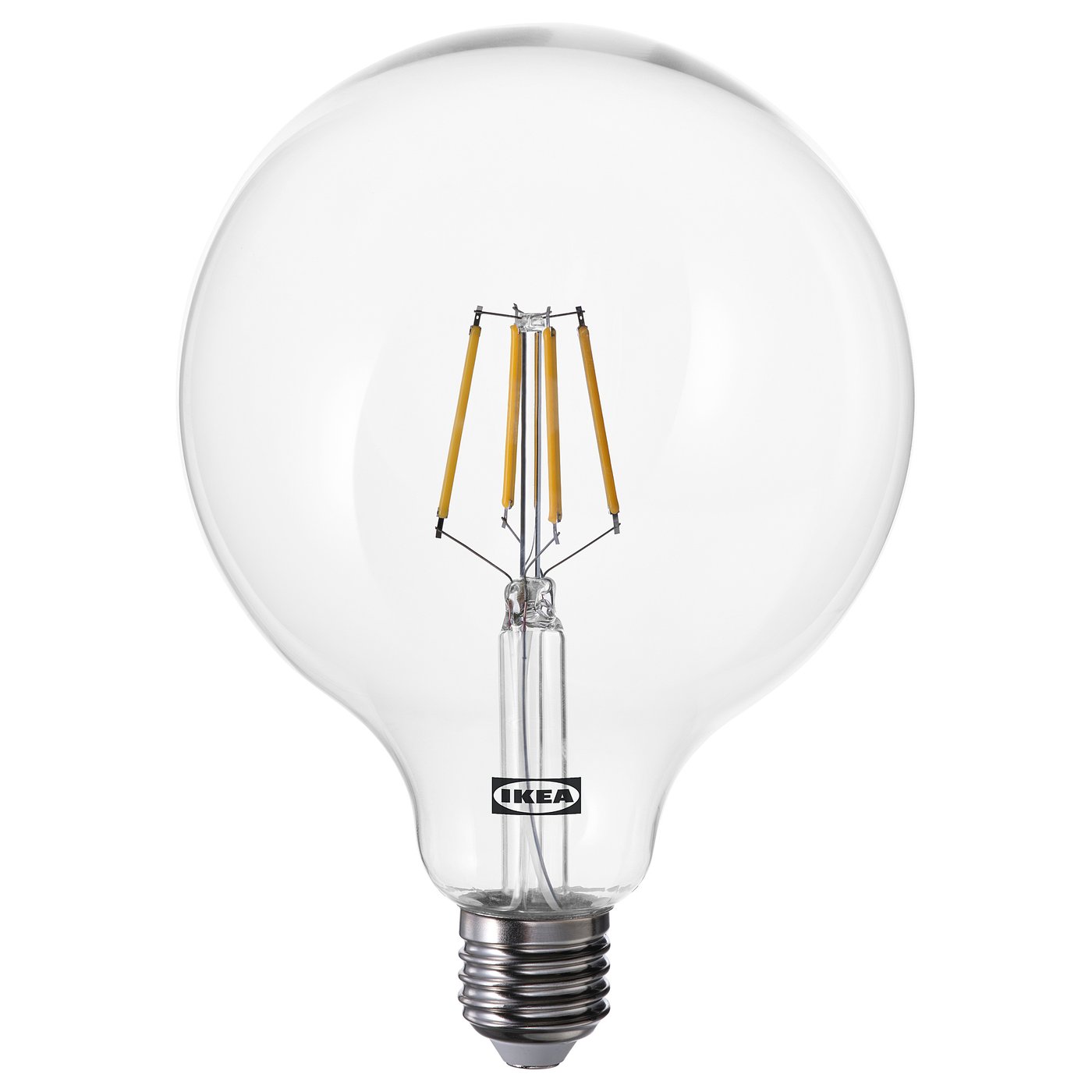 IKEA LUNNOM bulb, clear glass, globe-shaped, led, warm white light.