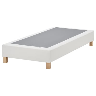 White LYNGÖR mattress base with wooden legs.