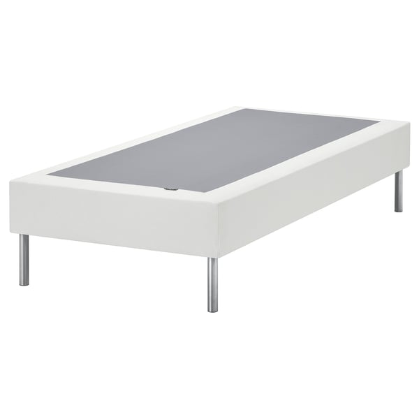 White modern platform bed base with metal legs, grey mat surface, minimalist design.