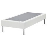 White modern platform bed base with metal legs, grey mat surface, minimalist design.