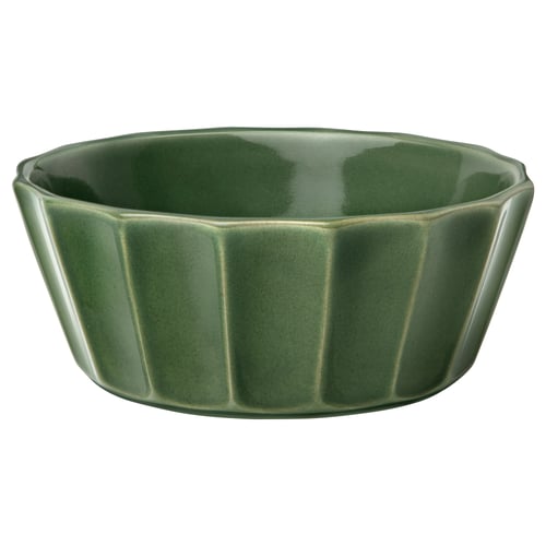 Green glazed ceramic bowl with ridged edges, handmade design.