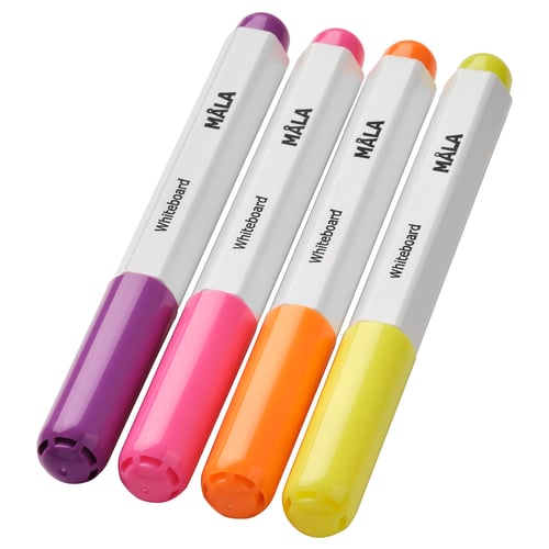 Four vibrant MÅLA whiteboard markers with colourful grips and tips, arranged diagonally.