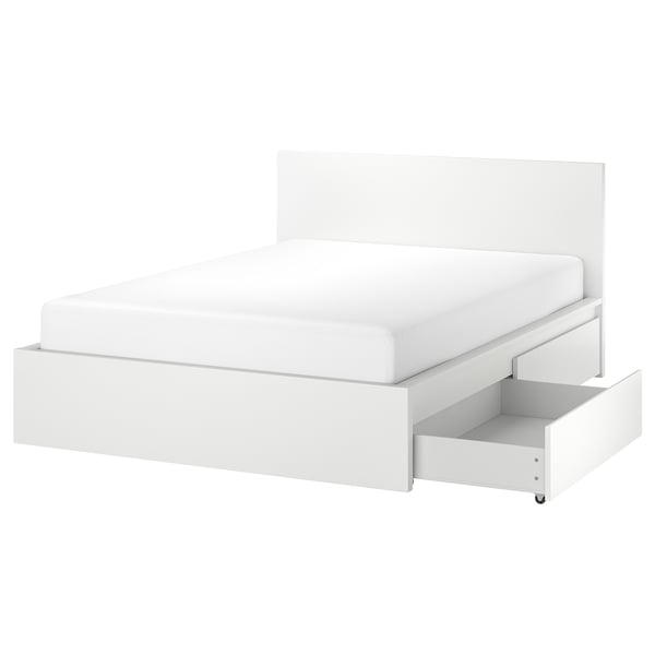 White MALM bed with high headboard, clean design, and under-bed storage drawers.