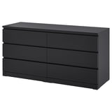 Ikea MALM black chest, six drawers, rectangular, smooth finish.